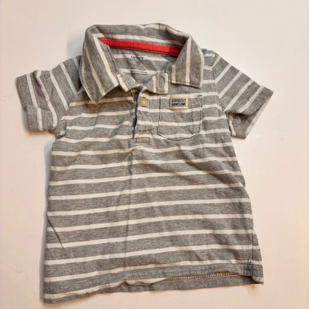 Carters Gray White Stripe Short Sleeve Polo Shirt 18 Months Seriously Handsome‎